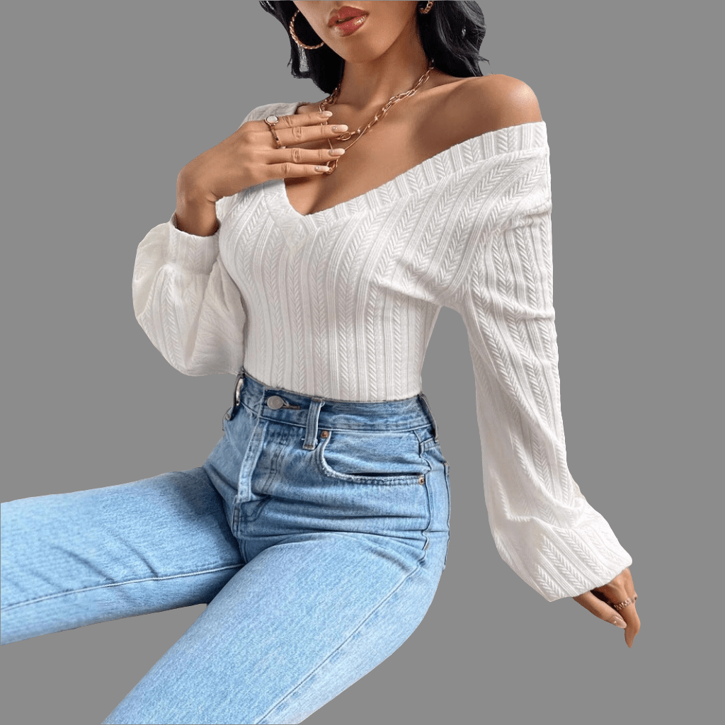 Damen Langarmshirt mit Bischofsärmeln und V - Ausschnitt - NDY