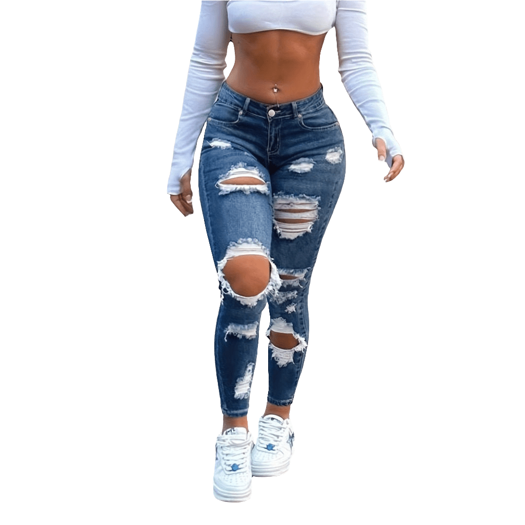Dunkelblaue enge High Waist Ripped Jeans Damen - NDY