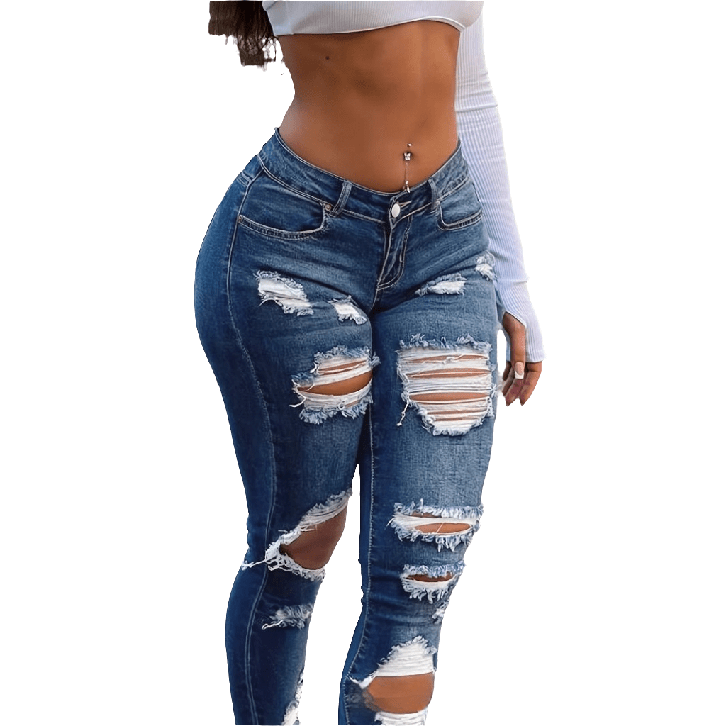 Dunkelblaue enge High Waist Ripped Jeans Damen - NDY