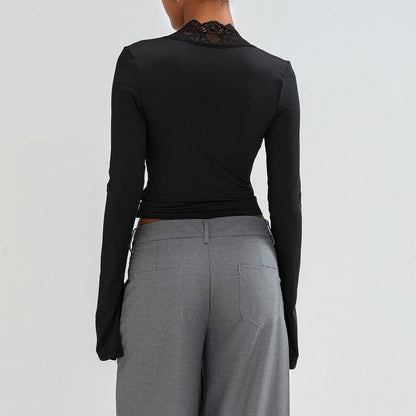 Schlankes T-Shirt mit V - Ausschnitt Spitze Trompetenärmel Top Damen - NDY