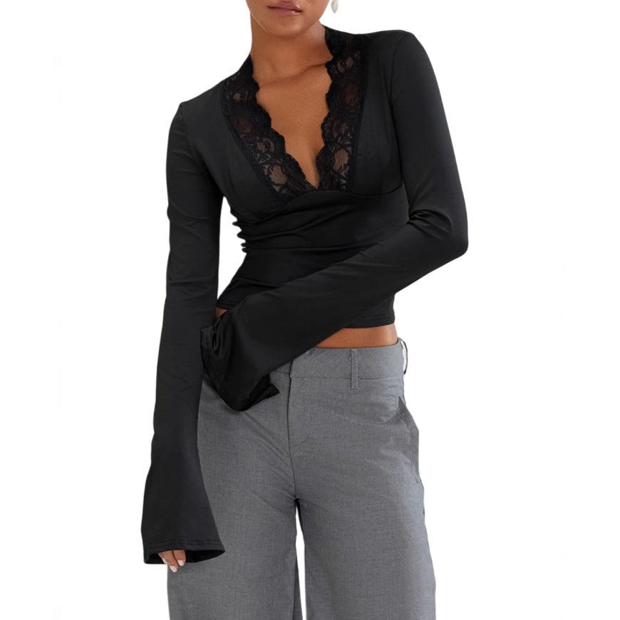 Schlankes T-Shirt mit V - Ausschnitt Spitze Trompetenärmel Top Damen - NDY