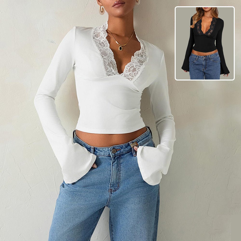 Schlankes T-Shirt mit V - Ausschnitt Spitze Trompetenärmel Top Damen - NDY